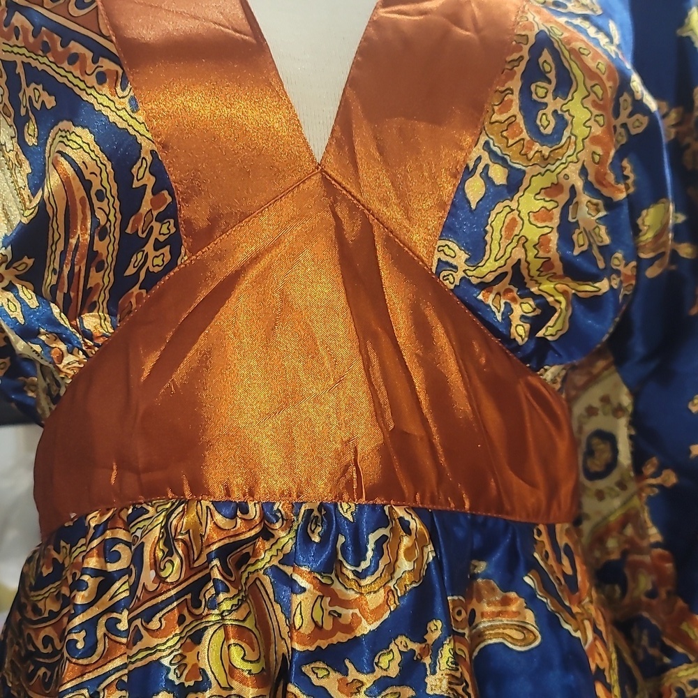 Speed Control blue gold rust print satin kimono midi dress Large nwt - Picture 4 of 7
